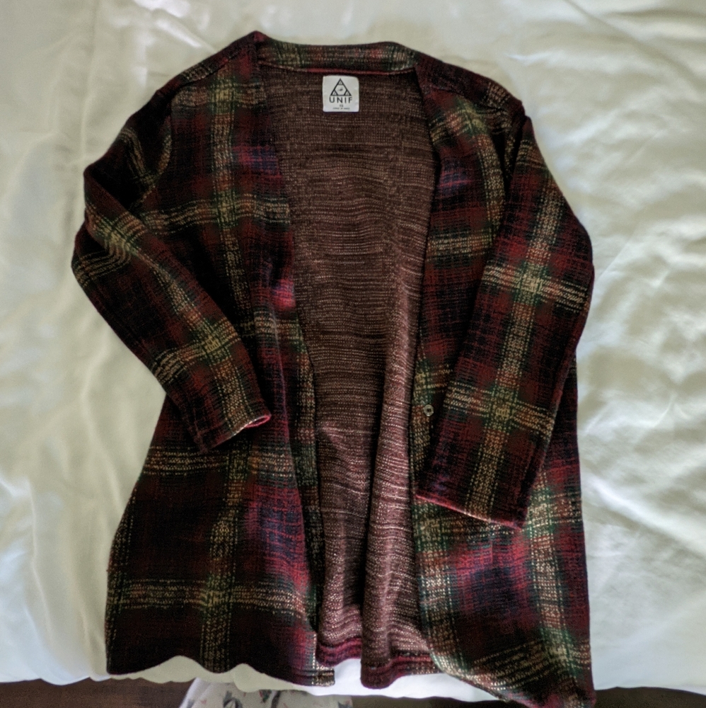 unif red brown dark flannel cardigan long sleeve